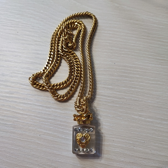 Perfume Bottle Clear Acrylic Rhinestone Heart Necklace Ice Cube Shape Vintage - Picture 2 of 8